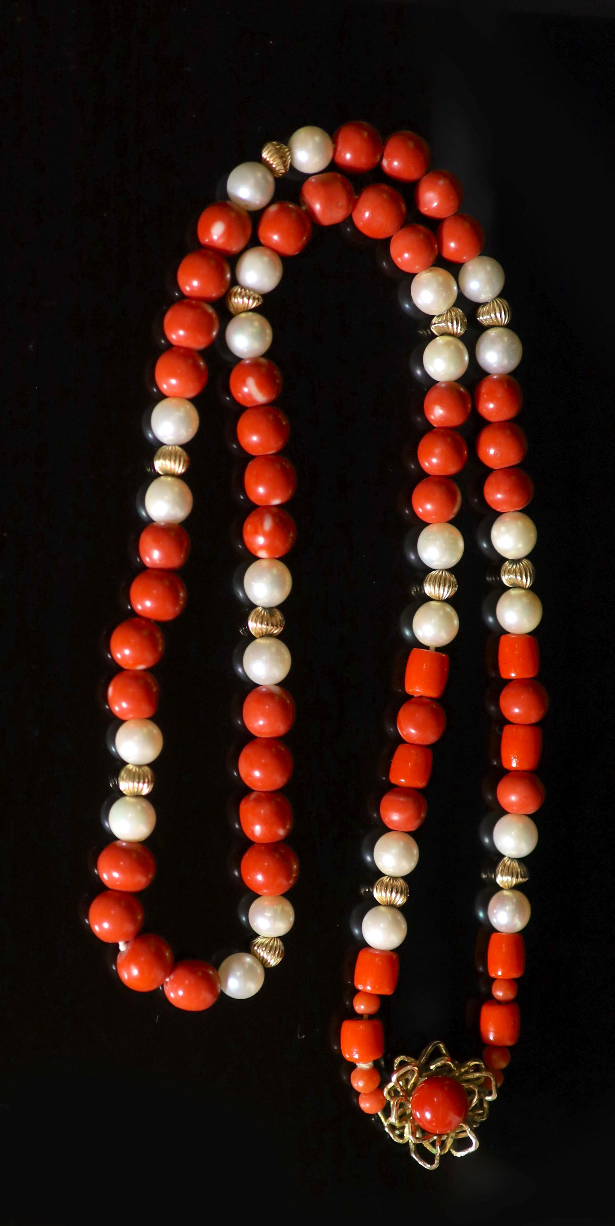 A coral bead and cultured pearl necklace with 14K yellow gold clasp,